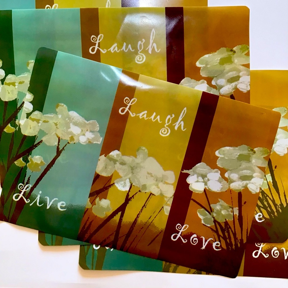 Live Laugh Love Placemats Set of 4 Plastic Brown Blue Stripe Floral Script